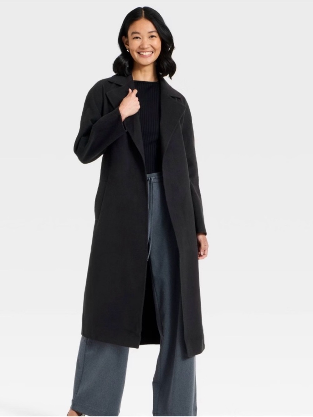 A New Day Women's Black Double Faced Wrap Trench Coat Large NWT